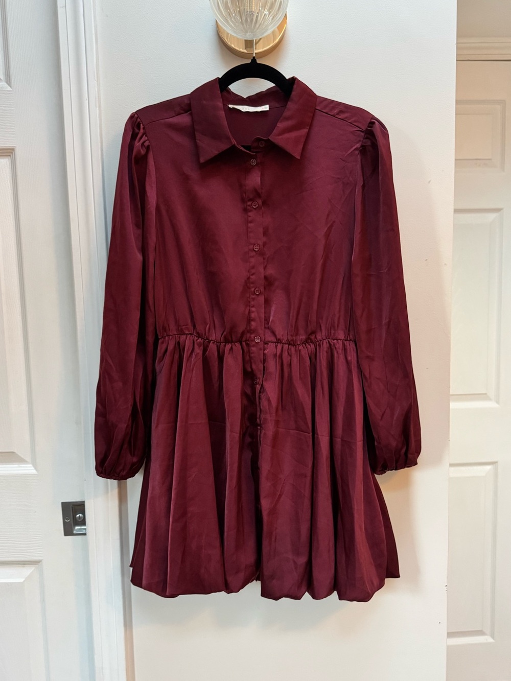 Lush Burgundy Satin Button-Front Collared Mini Dress
